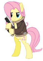 Size: 974x1362 | Tagged: clothes, cosplay, costume, crossover, derpibooru import, fluttershy, gun, leon s. kennedy, resident evil, safe, weapon