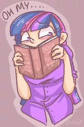 Size: 263x398 | Tagged: artist:steeve, blushing, book, derpibooru import, human, humanized, not porn, oh my, safe, solo, talking, twilight sparkle, wide eyes