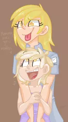 Size: 451x800 | Tagged: safe, artist:steeve, derpibooru import, derpy hooves, dinky hooves, human, cute, equestria's best daughter, equestria's best mother, happy, humanized, no pupils, smiling, tongue out