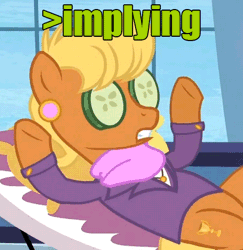 Size: 455x469 | Tagged: safe, derpibooru import, ms. harshwhinny, earth pony, pony, air quotes, animated, caption, frown, greentext, image macro, implying, meme, on back, open mouth, reaction image, solo, talking, text, underhoof