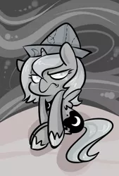 Size: 540x800 | Tagged: safe, artist:steeve, derpibooru import, princess luna, pony, moonstuck, cartographer's cap, female, filly, grayscale, grumpy, hat, monochrome, solo, woona, younger