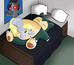 Size: 900x794 | Tagged: safe, artist:andrewc691, derpibooru import, derpy hooves, pegasus, pony, snorlax, bed, crossover, female, mare, pillow, pokémon, poster