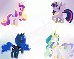 Size: 2400x1900 | Tagged: safe, artist:goshhhh, derpibooru import, princess cadance, princess celestia, princess luna, twilight sparkle, twilight sparkle (alicorn), alicorn, pony, alicorn tetrarchy, cutie mark, female, hooves, horn, jewelry, lineless, mare, minimalist, modern art, raised hoof, regalia, simple background, solo, tiara, transparent background, wings