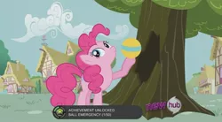 Size: 1035x573 | Tagged: achievement, achievement unlocked, ball, ball emergency, derpibooru import, edit, edited screencap, hub logo, it's about time, pinkie pie, safe, screencap