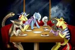 Size: 1024x683 | Tagged: safe, artist:tzelly-el, derpibooru import, flam, flim, octavia melody, silver spoon, trixie, bird, changeling, pony, swan, windigo, background pony, backwards ballcap, baseball cap, cap, cape, clothes, crossover, doctor octavia, doctor octopus, donut, flim flam brothers, food, hat, origami, restaurant, sonata du octave, table, trixie's cape, trixie's hat, window