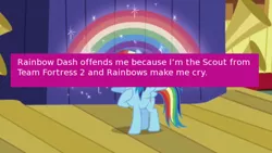 Size: 500x281 | Tagged: boast busters, derpibooru import, edit, edited screencap, meme, meta, offensive ponies, rainbow dash, rainbows make me cry, safe, scout, screencap, team fortress 2, text