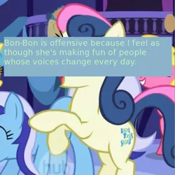 Size: 616x616 | Tagged: bon bon, cherry berry, derpibooru import, edit, edited screencap, friendship is magic, lemon hearts, meme, meta, minuette, offensive ponies, safe, screencap, sweetie drops, text