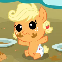 Size: 500x501 | Tagged: safe, derpibooru import, applejack, pony, apple family reunion, apple fritter (food), baby, baby pony, babyjack, diaper, foal, food, solo, younger