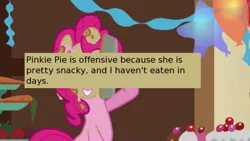 Size: 500x281 | Tagged: a bird in the hoof, balloon, cake, derpibooru import, food, meme, meta, offensive ponies, pie, pinkie pie, safe, screencap, text