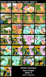 Size: 1600x2643 | Tagged: safe, artist:ajmstudios, derpibooru import, berry punch, berryshine, cheerilee, derpy hooves, lyra heartstrings, minuette, scootaloo, oc, oc:officer cuffs, pegasus, pony, car, comic, coughing, female, mare, police, scootaquest, sick, sneezing, zippermouth