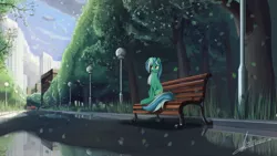 Size: 2841x1600 | Tagged: artist:rublegun, bench, car, city, cityscape, cloud, cloudy, derpibooru import, lamppost, leaves, lyra heartstrings, outdoors, park, reflection, safe, scenery, sky, solo, tree, water