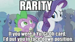 Size: 800x450 | Tagged: safe, derpibooru import, edit, edited screencap, screencap, rarity, spike, dragon, earth pony, pony, unicorn, boast busters, bad pickup line spike, caption, female, innuendo, male, mare, meme, stallion, yu-gi-oh!