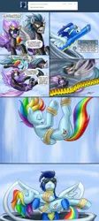 Size: 1080x2408 | Tagged: safe, artist:pluckyninja, derpibooru import, rainbow dash, soarin', oc, oc:charger, oc:starry skies, tumblr:sexy spitfire, bound wings, butt, clothes, comic, costume, dialogue, female, male, plot, shadowbolts, shadowbolts costume, shipping, soarindash, straight, tornado, tumblr, wings, wonderbolts