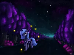 Size: 1600x1192 | Tagged: dead source, safe, artist:polkin, derpibooru import, princess luna, alicorn, firefly (insect), insect, pony, female, forest, glow, night, night sky, s1 luna, sky, solo, starry sky, stars, tree