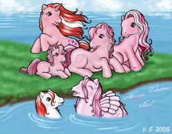 Size: 810x633 | Tagged: safe, artist:hollowzero, derpibooru import, baby cotton candy, cotton candy (g1), heart throb, sea mist, skyflier, valenshy, earth pony, pegasus, pony, sea pony, unicorn, 2005, baby, g1, g3, holiday, pink, valentine's day