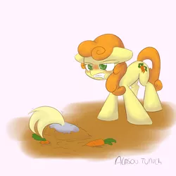 Size: 1500x1500 | Tagged: safe, artist:alasou, deleted from derpibooru, derpibooru import, carrot top, derpy hooves, golden harvest, pegasus, pony, 30 minute art challenge, angry, buried, butt, carrot, cute, cutie top, female, food, garden, mare, plot