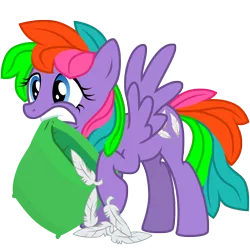 Size: 3000x3000 | Tagged: safe, artist:sunley, derpibooru import, tickle (g1), pegasus, pony, feather, female, g1, g1 to g4, g4, generation leap, mare, mouth hold, pillow, raised hoof, simple background, transparent background