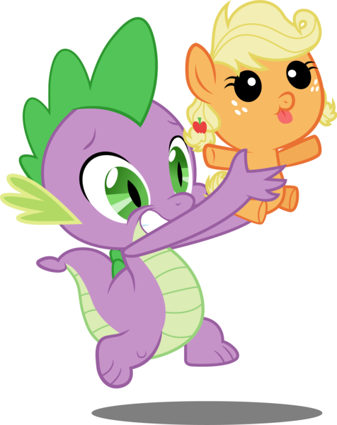 Size: 4000x5041 | Tagged: safe, artist:the-crusius, derpibooru import, applejack, spike, dragon, earth pony, pony, absurd resolution, baby, baby pony, babyjack, foal, holding, holding a pony, simple background, transparent background, vector, younger