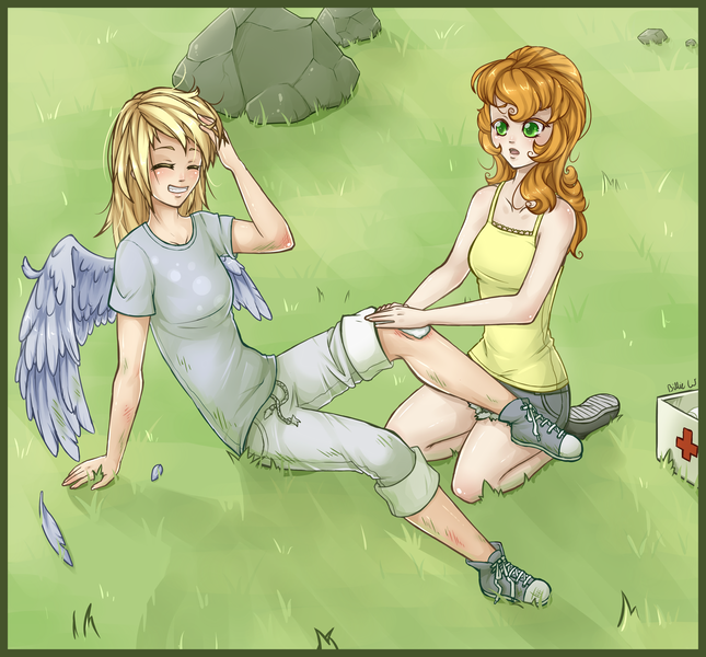 Size: 2290x2130 | Tagged: artist:missangest, blood, carrot top, derpibooru import, derpy hooves, derpytop, female, golden harvest, human, humanized, lesbian, safe, shipping, winged humanization, wings
