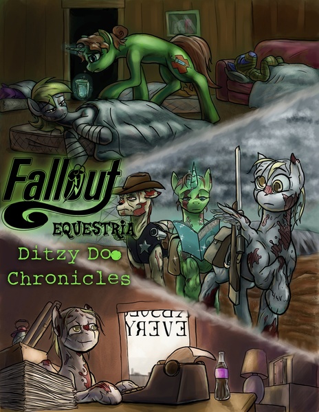 Size: 1275x1650 | Tagged: semi-grimdark, artist:mistermech, derpibooru import, derpy hooves, ditzy doo, oc, ghoul, pegasus, pony, undead, unicorn, fallout equestria, fallout equestria: ditzy doo chronicles, fanfic, absolutely everything, bag, battle saddle, cover art, fanfic art, fanfic cover, female, gun, lamp, magazine, magic, mare, paper, rifle, saddle bag, sparkle cola, telekinesis, typewriter, wasteland, weapon