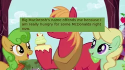 Size: 500x281 | Tagged: apple family member, apple honey, apple tarty, big macintosh, derpibooru import, edit, edited screencap, friendship is magic, mcdonald's, meme, meta, offensive ponies, perfect pie, safe, screencap, text