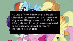 Size: 640x360 | Tagged: safe, derpibooru import, edit, edited screencap, screencap, applejack, fluttershy, pinkie pie, rainbow dash, rarity, twilight sparkle, offensive ponies, friendship is magic, mane six, meme, meta, text