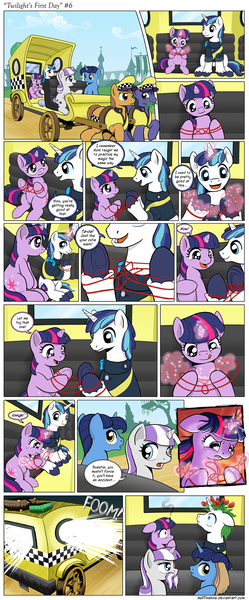 Size: 1200x2892 | Tagged: safe, artist:muffinshire, derpibooru import, night light, shining armor, twilight sparkle, twilight velvet, pony, unicorn, comic:twilight's first day, bunny ears, carriage, cat's cradle, clothes, comic, facial hair, female, filly, flower, magic, magic fail, magic mishap, male, mare, moustache, slice of life, smoking horn, spell gone wrong, stallion, taxi, telekinesis, tulip, uniform, wide eyes, younger