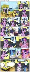 Size: 1200x2892 | Tagged: safe, artist:muffinshire, derpibooru import, night light, shining armor, twilight sparkle, twilight velvet, pony, unicorn, comic:twilight's first day, bunny ears, carriage, cat's cradle, clothes, comic, facial hair, female, filly, flower, magic, magic fail, magic mishap, male, mare, moustache, slice of life, smoking horn, spell gone wrong, stallion, taxi, telekinesis, tulip, uniform, wide eyes, younger