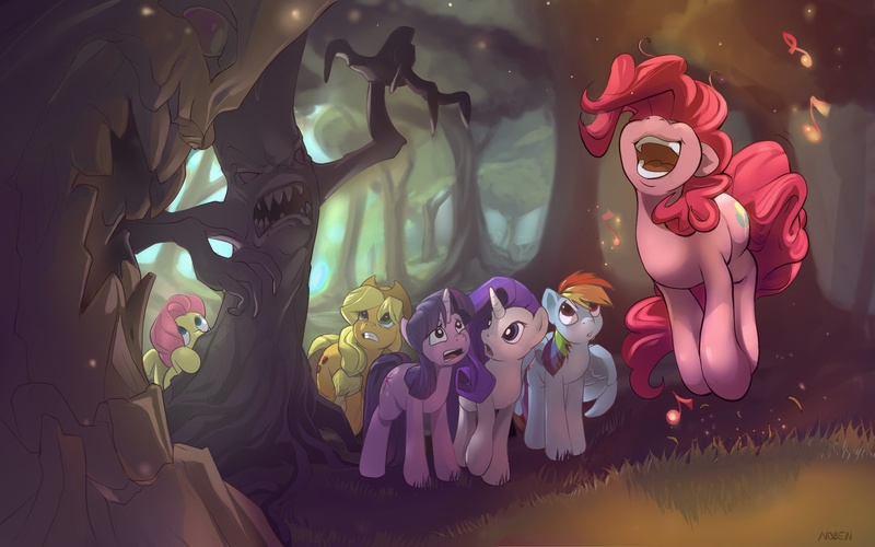 Size: 1920x1200 | Tagged: safe, artist:noben, derpibooru import, applejack, fluttershy, pinkie pie, rainbow dash, rarity, twilight sparkle, earth pony, pegasus, pony, unicorn, friendship is magic, angry face, applejack's hat, cowboy hat, everfree forest, female, forest, forest background, grass, hat, hiding, image, jpeg, laughter song, looking at something, looking up, mane six, mare, music notes, open mouth, partially open wings, pronking, scared, scary tree, scene interpretation, singing, tree