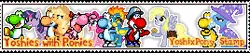 Size: 268x57 | Tagged: safe, artist:icelucario64, derpibooru import, applejack, derpy hooves, pinkie pie, spitfire, trixie, twilight sparkle, pegasus, pony, yoshi, crossover, deviantart stamp, female, mare, nintendo, pixel art, stamp, super mario bros., yoshi's island