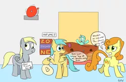 Size: 2300x1500 | Tagged: safe, artist:rapidstrike, derpibooru import, carrot top, derpy hooves, golden harvest, lyra heartstrings, sunshower raindrops, pegasus, pony, drama, female, food, mare, pasta, scrunchy face, spaghetti, unicon, unicon drama