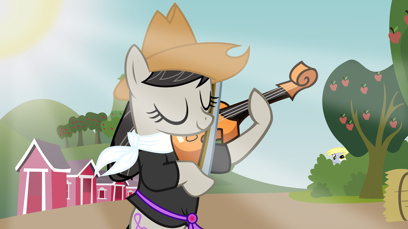 Size: 6071x3413 | Tagged: safe, artist:zeegaas, derpibooru import, derpy hooves, octavia melody, pegasus, pony, female, fiddle, hat, mare, musical instrument, vector, violin