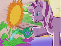 Size: 640x480 | Tagged: derpibooru import, dexterous hooves, float, flower, g3, lump, princess wysteria, safe, sunflower, the princess promenade, wat, watering can, wysteria