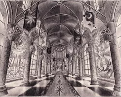 Size: 1600x1273 | Tagged: artist:josh-5410, canterlot, canterlot castle, derpibooru import, grayscale, hall, monochrome, safe, scenery, stained glass