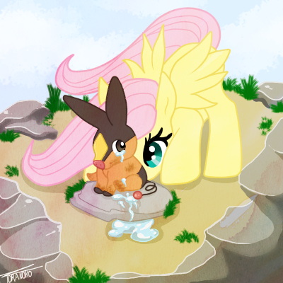 Size: 400x400 | Tagged: artist:tora-noko, crossover, crying, derpibooru import, fluttershy, hurt/comfort, pokémon, safe, tears of pain, tepig