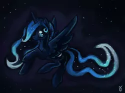 Size: 908x673 | Tagged: artist:tracymod, derpibooru import, flying, night, princess luna, safe, solo