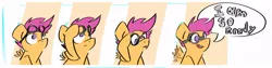 Size: 900x226 | Tagged: safe, artist:cider, derpibooru import, scootaloo, pegasus, pony, comic, dialogue, female, filly, goggles, looking up, open mouth, reaction image, solo, tongue out