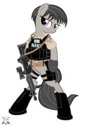 Size: 1992x2932 | Tagged: safe, artist:shadawg, derpibooru import, octavia melody, pony, aimpoint, alternate hairstyle, ar15, bipedal, body armor, gun, military, navy, reflex sight, rifle, short hair, simple background, solo, transparent background, vector, weapon
