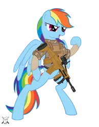Size: 2532x3264 | Tagged: safe, artist:shadawg, derpibooru import, rainbow dash, pegasus, pony, body armor, fn scar, gun, military, rifle, simple background, solo, transparent background, vector, weapon