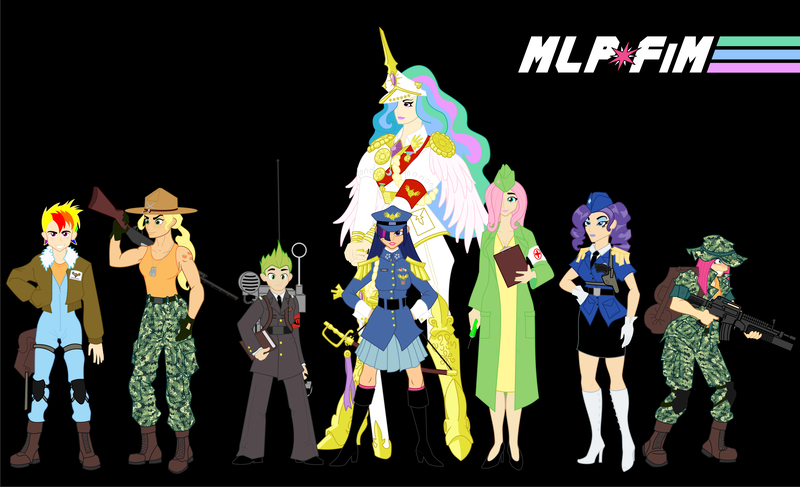 Size: 3000x1826 | Tagged: applejack, artist:anonimounanime, derpibooru import, fluttershy, g.i. joe, human, humanized, mane seven, mane six, parody, pinkie pie, princess celestia, rainbow dash, rarity, safe, spike, twilight sparkle