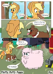 Size: 1200x1650 | Tagged: applejack, artist:tikyotheenigma, comic, comic sans, derpibooru import, fluffy, industrial strength pet dryer, oc, oc:fluffle puff, safe, winona