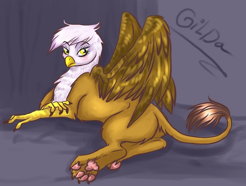 Size: 800x607 | Tagged: safe, artist:donenaya, derpibooru import, gilda, gryphon, claws, long nails, looking at you, paws, prone, solo, spread wings, wings