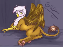 Size: 800x607 | Tagged: safe, artist:donenaya, derpibooru import, gilda, gryphon, blushing, claws, female, image, jpeg, long nails, looking at you, looking back, looking back at you, paw pads, paws, prone, solo, spread wings, wings