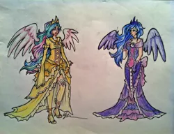 Size: 2526x1936 | Tagged: artist:cqal, clothes, derpibooru import, dress, homestuck, human, humanized, princess celestia, princess luna, safe, traditional art, winged humanization, wings