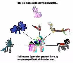 Size: 1486x1298 | Tagged: alicorn amulet, chimera, derpibooru import, diamond tiara, discord, fusion, king sombra, meme, nightmare moon, oc, queen chrysalis, safe, they told me, tiara ultima, what has science done