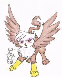 Size: 768x960 | Tagged: safe, artist:nekotigerfire, derpibooru import, gilda, cat, gryphon, blushing, cute, gilda is not amused, species swap, traditional art, unamused