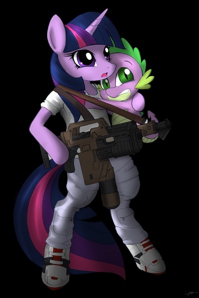 Size: 1000x1495 | Tagged: alien, artist:mirapony, derpibooru import, gun, marine, parody, safe, spike, twilight sparkle, weapon