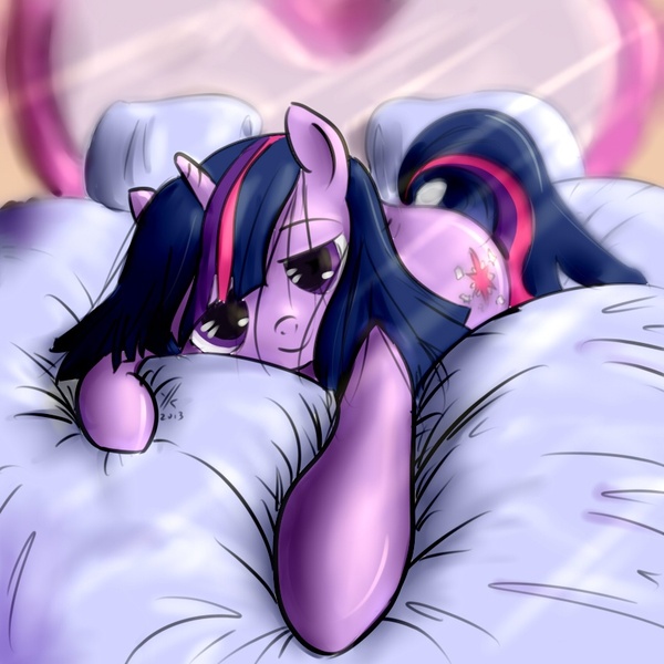 Size: 850x850 | Tagged: artist:ykchiropter, bed, bed mane, cute, derpibooru import, lidded eyes, looking at you, morning ponies, safe, solo, twilight sparkle, weapons-grade cute