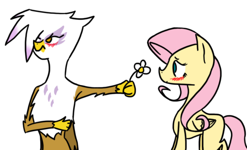 Size: 827x504 | Tagged: safe, artist:gfdsyjuky, derpibooru import, fluttershy, gilda, gryphon, blushing, cute, female, gildashy, lesbian, shipping, tsundere