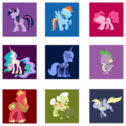 Size: 466x466 | Tagged: safe, artist:steveholt, derpibooru import, part of a set, big macintosh, derpy hooves, granny smith, pinkie pie, princess celestia, princess luna, rainbow dash, spike, twilight sparkle, alicorn, dragon, earth pony, pegasus, pony, colored hooves, cutie mark, female, grin, hooves, horn, jewelry, lineless, male, mare, minimalist, modern art, open mouth, raised hoof, regalia, s1 luna, smiling, spread wings, stallion, tiara, wings